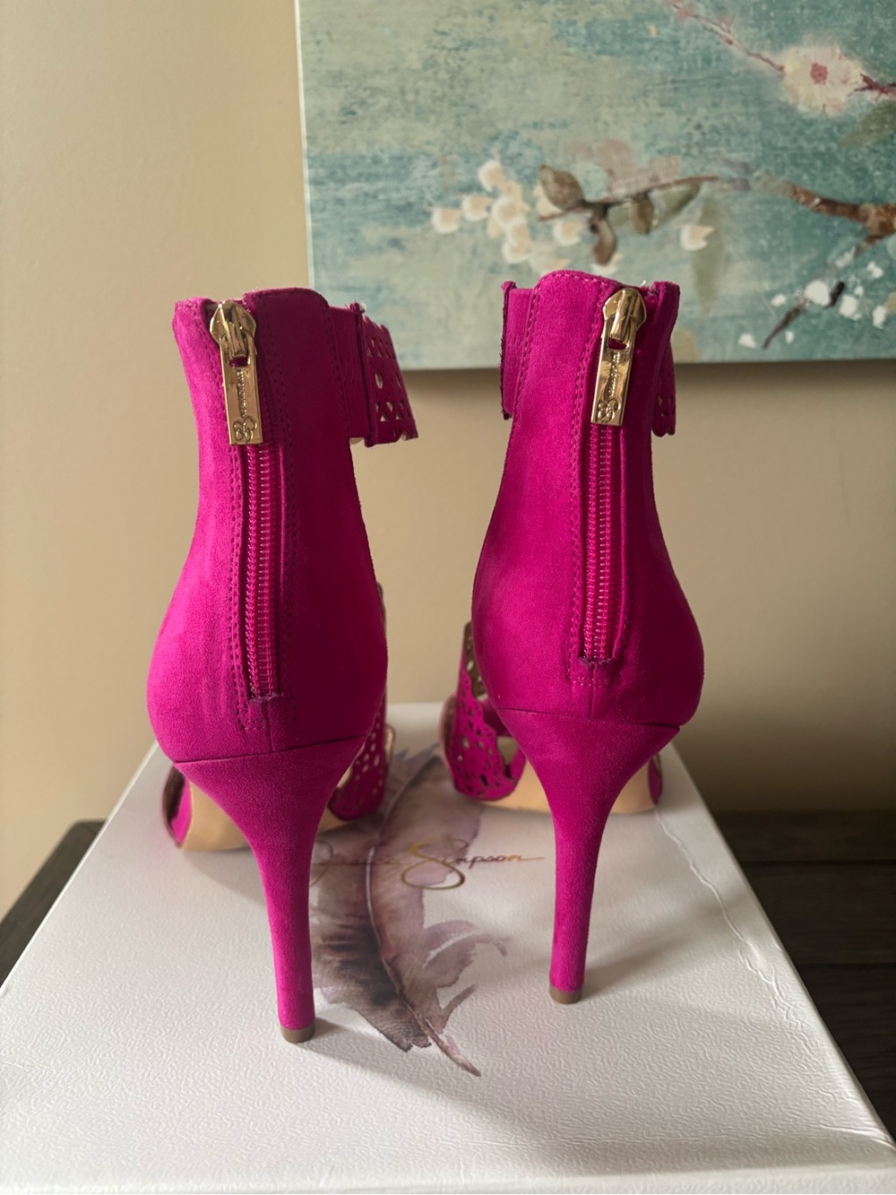 Fuchsia Suede High Heel Sandals with Back Zipper   Size 10